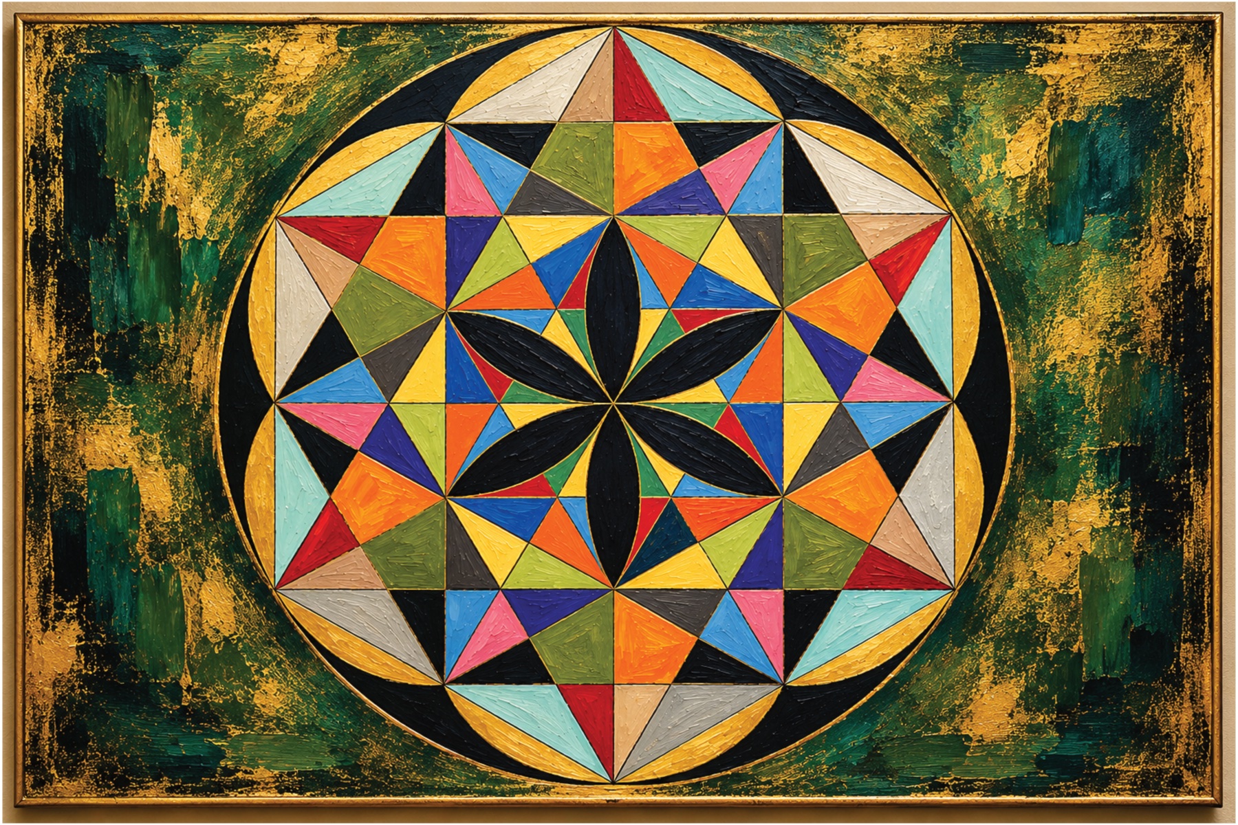 Mer-Ka-Ba, a framed geometric painting with colorful triangles and a dark central flower against green and gold.
